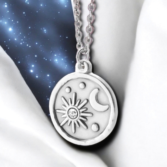 🆕️Celestial Sun & Moon Necklace 18K White Gold Plated Stainless Steel Medallion - Picture 5 of 12